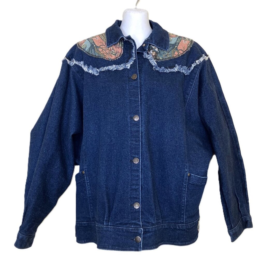 Tapestry Denim Jacket Dark Jean Horse Wagon Pattern Vintage 80s Made in Canada